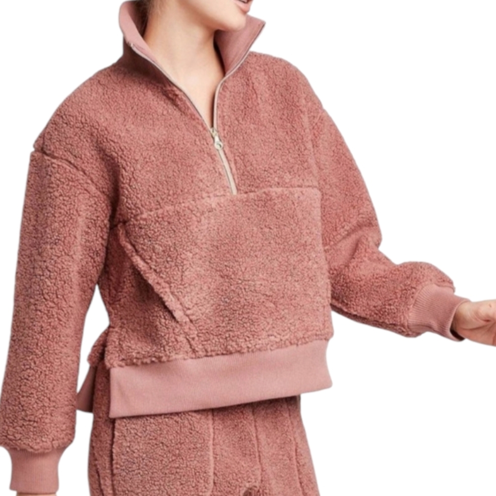 Joy Lab Women Oversized Fleece Jacket M Pullover Half Zipper Mock Neck Old Pink